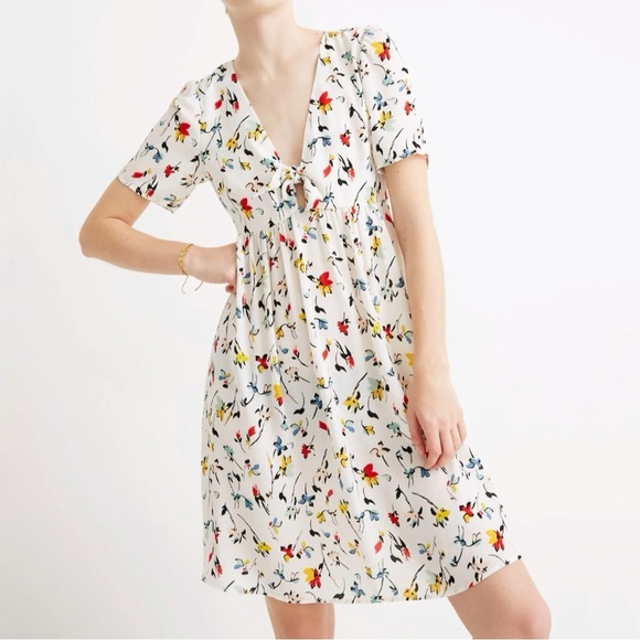 Madewell Tie Front Mini Dress Drifting Flowers Tossed Floral Antique Cream 12 - Picture 1 of 16